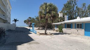 A beachfront property with a sandy path, palm trees, and a building with blue shutters.