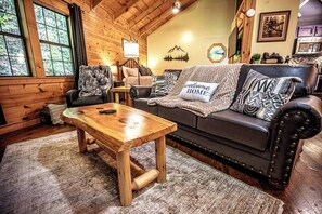 Smart TV, chimenea, libros, estéreo