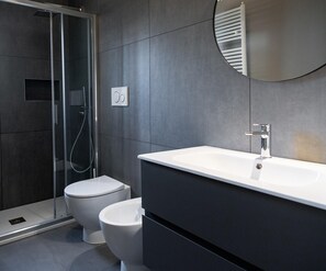 Shower, hair dryer, bidet, towels