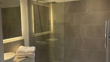 Shower, hair dryer, towels