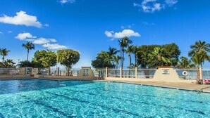 Une piscine d’un bleu éclatant, entourée d’une clôture blanche, bordée de palmiers et surplombée d’un ciel dégagé.