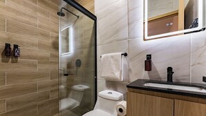 Une salle de bain moderne avec une douche à parois de verre, des toilettes, un lavabo doté d’un plan de travail noir et un miroir avec un éclairage au-dessus.