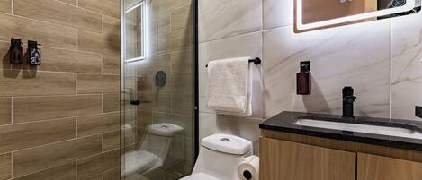 Shower, hair dryer, towels