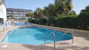 Ein Swimmingpool mit blauem Wasser, umgeben von Liegestühlen und Palmen.