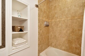 Hair dryer, towels, soap, toilet paper