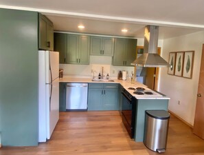 A compact kitchen with teal cabinets, a stainless steel dishwasher, a stove, and a trash bin. - Whitefish Riverfront Retreat — 2bd, 1ba on 5 acres (Flathead County)