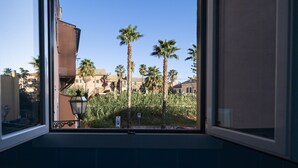 Vista desde una ventana a una zona residencial con palmeras y edificios.