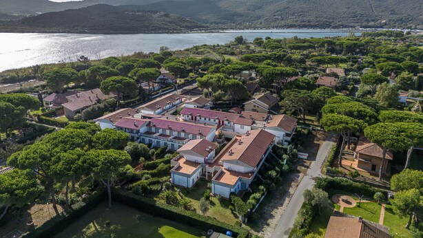 Vue aérienne d’un quartier résidentiel avec des maisons, des espaces verts et un lac.