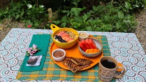 A picnic setup with a patterned tablecloth, a yellow bowl with strawberries and blackberries, a plate with grilled meat, a bowl of sliced watermelon, a small bowl of sauce, and a cup of coffee. - Double Room with Shared Bathroom (Leme Rio de Janeiro)