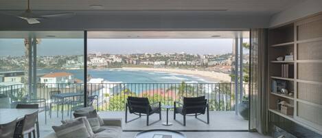 TV connectée, cheminée, livres, chaîne hi-fi