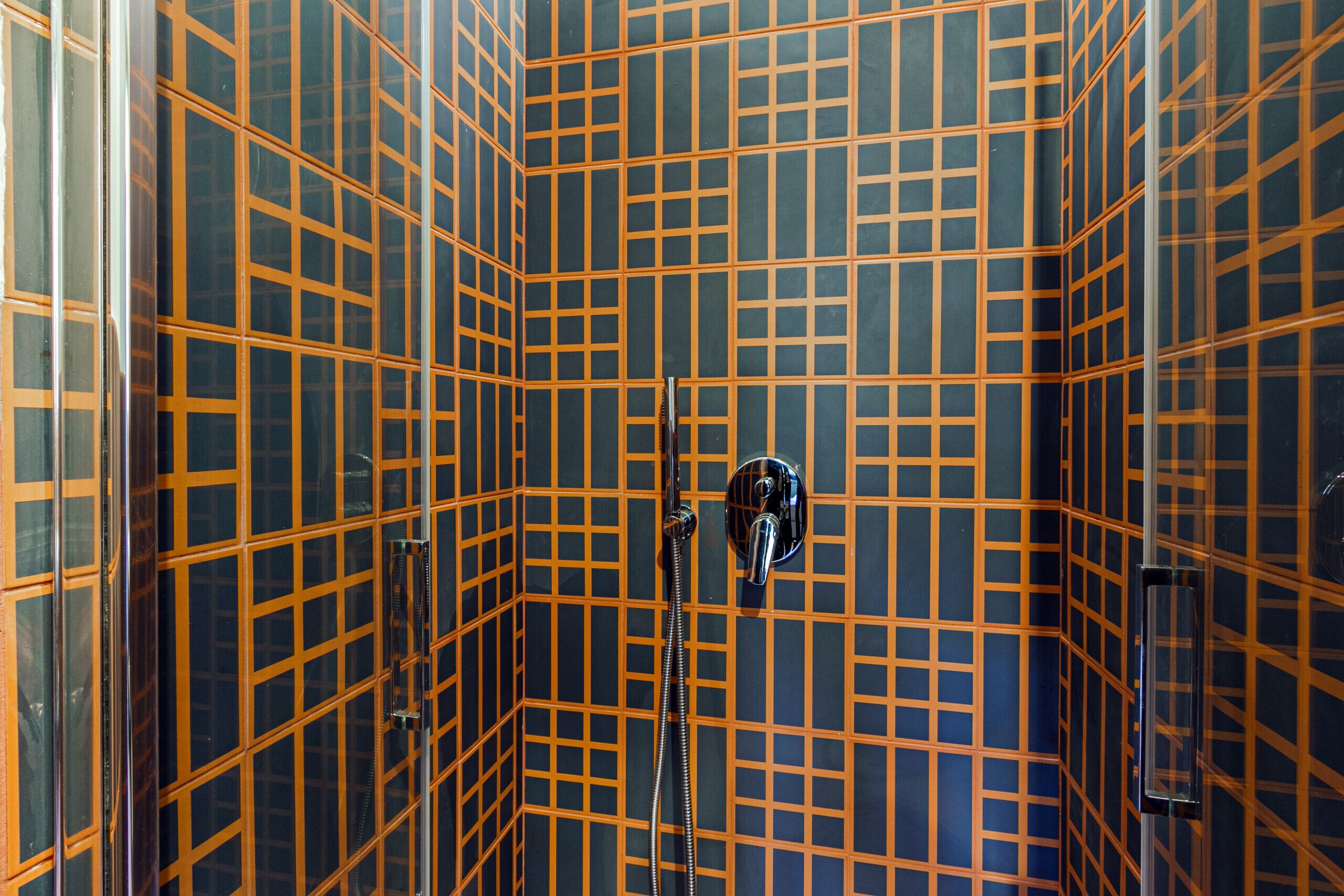 Un baño con un patrón geométrico de azulejos en las paredes y una zona de ducha con cabezal de ducha manual.