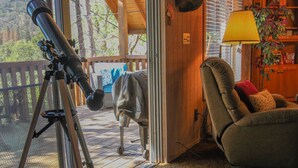 A room with a mounted deer head, a telescope, a chair, and a lamp. - Little Slice of Heaven (Wofford Heights)
