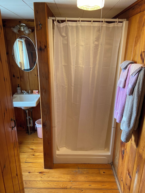 Douche, sèche-cheveux, serviettes fournies, savon