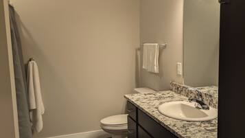 Shower, towels, soap, toilet paper