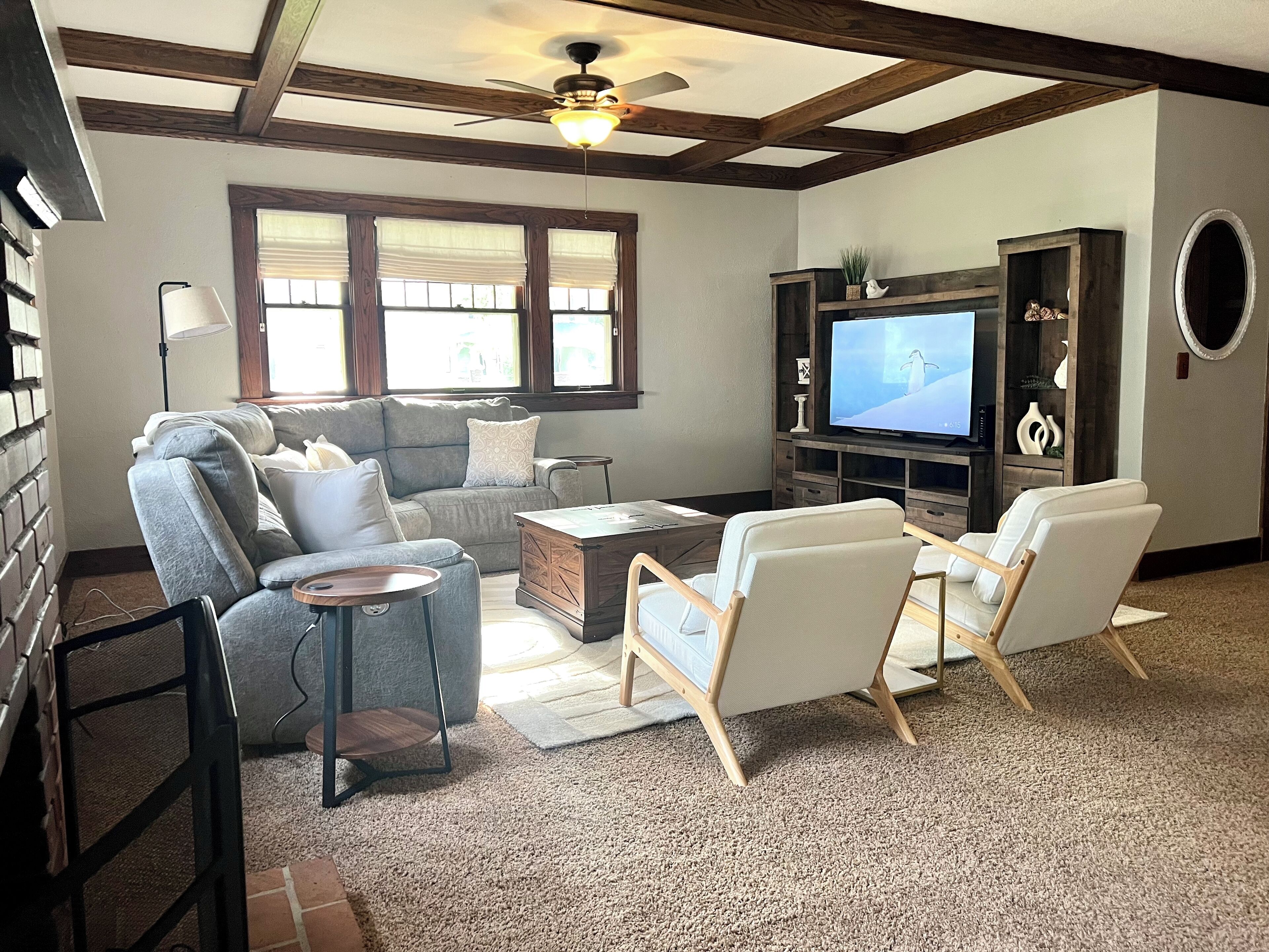 Smart TV, fireplace, books