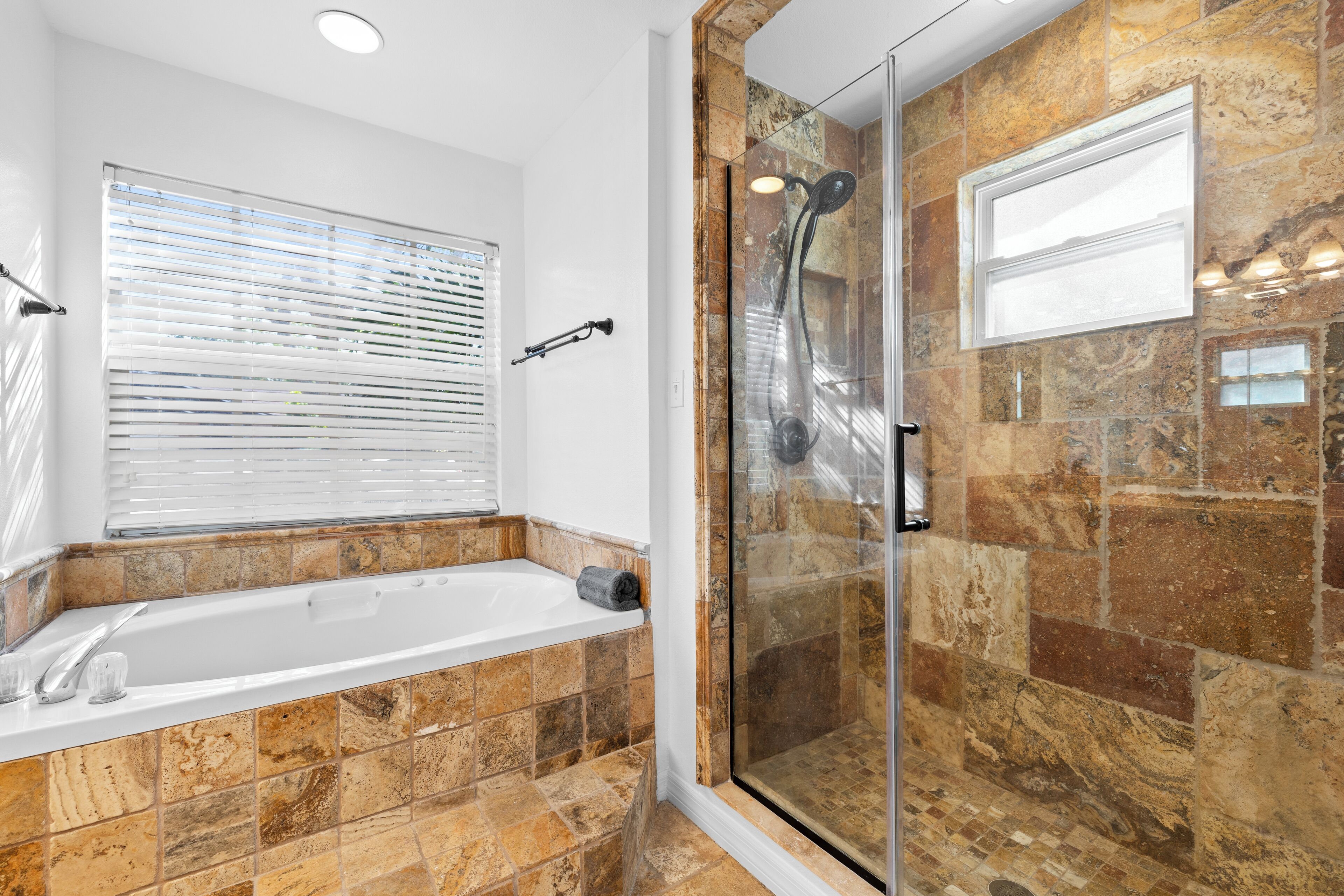 Jetted bath, hair dryer, towels, soap
