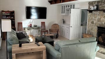 Smart TV, chimenea y libros