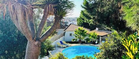 Propiedad residencial con piscina, rodeada de exuberante vegetación y cielo despejado.