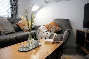 Smart-TV, Kamin, Videospiele, Bücher