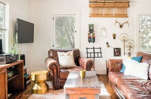 Smart TV, fireplace, books, music library