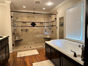 Shower, hair dryer, towels, toilet paper
