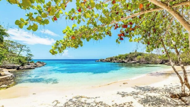 A beach with clear turquoise water, sandy shore, and lush greenery. - 15min to Ocho Rios-Family sized 2bed/2bath-Pool-BBQ Grill-100Mbps-Gated Complex (Drax Hall)