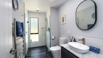 A modern bathroom with a glass shower enclosure, a white sink, and a toilet.