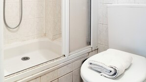 A bathroom with a shower enclosure, a toilet, and a sink.