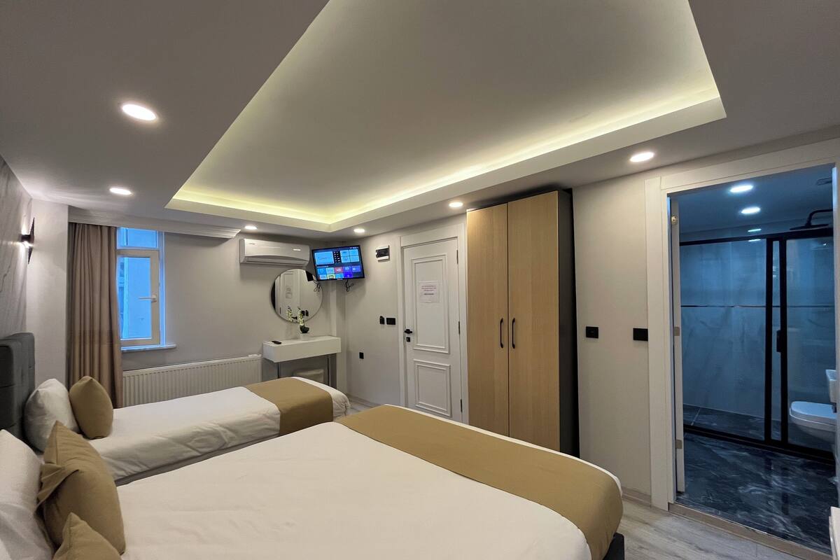 A hotel room with two beds, a TV, a mirror, a wardrobe, and a bathroom with a glass door.