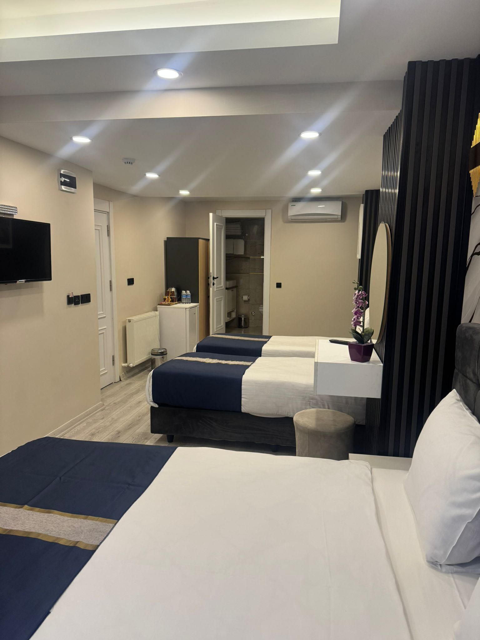 A hotel room with two beds, a TV, a mirror, a radiator, and a door leading to a bathroom.
