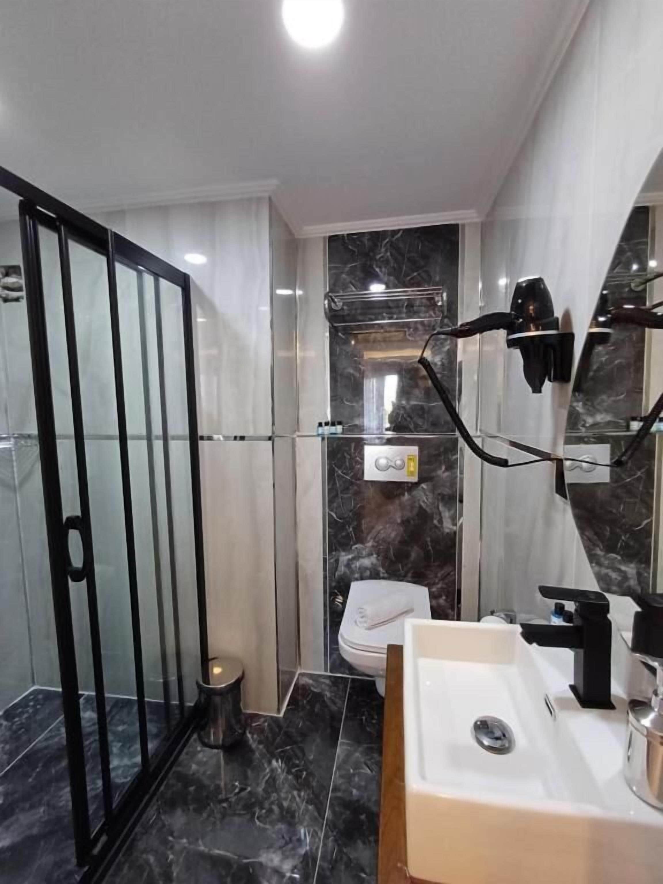 A modern bathroom with a glass shower enclosure, a toilet, and a sink with a mirror.
