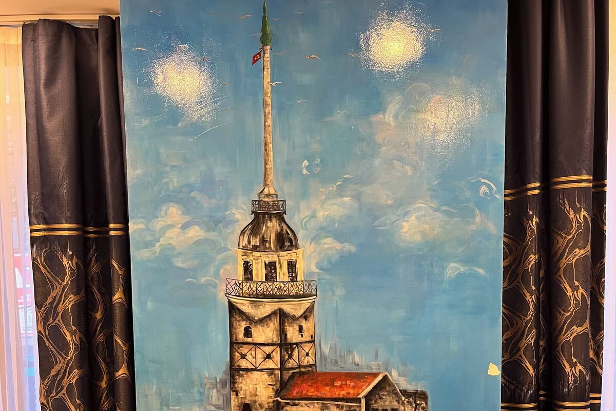 A painting of a tower with a flag, set against a blue sky with clouds.