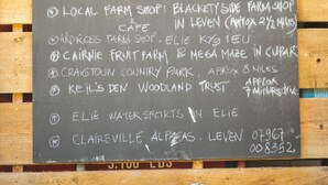 A chalkboard listing local attractions and their distances from the location. - Luxury Rural Cabin with Wood Fired Hot Tub (Leven)