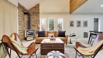 Smart TV, chimenea y libros