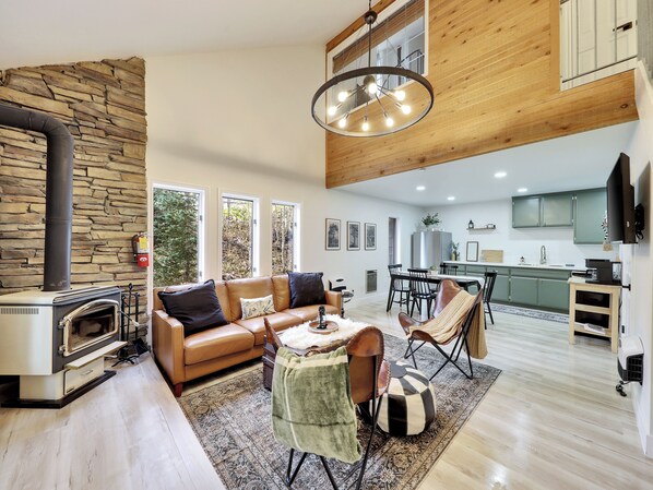 Smart TV, fireplace, books