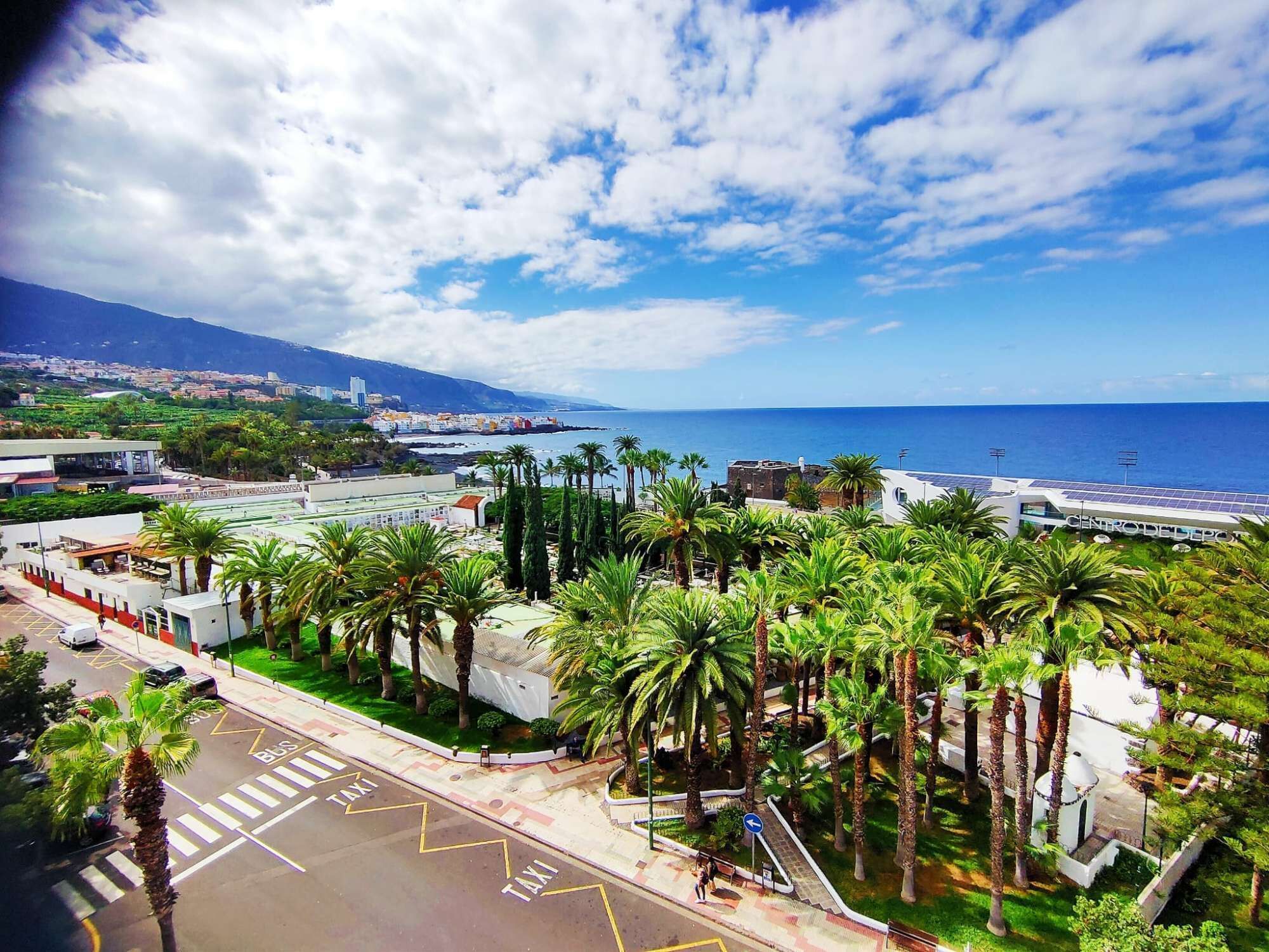 Un paisaje urbano costero con vistas al mar, palmeras y un edificio con paneles solares.