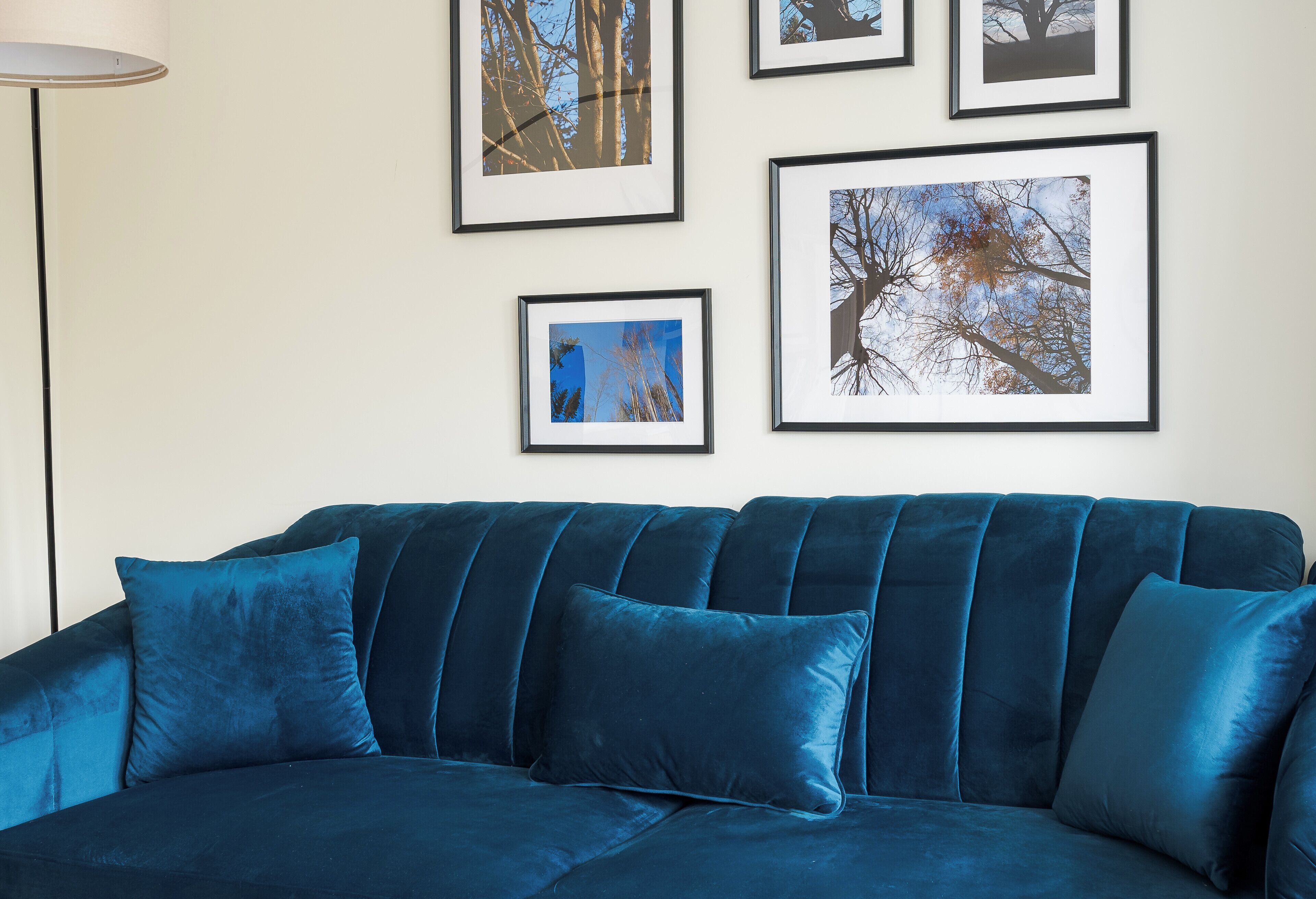Un sofá azul con varios cojines, una lámpara de pie y cuadros en la pared.
