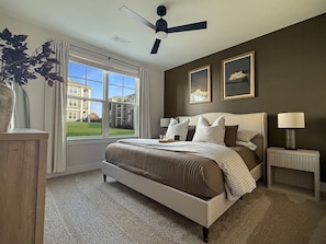 1 bedroom, desk, iron/ironing board, travel cot