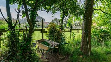 Ein Schubkarren in einem Gartenbereich mit Bäumen und einem Zaun im Hintergrund.
