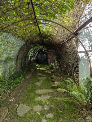 A tunnel with a stone pathway, greenery, and a metal structure. - 'Apartamento P' with shared pool and garden, Wi-Fi and air conditioning (Alsasua)