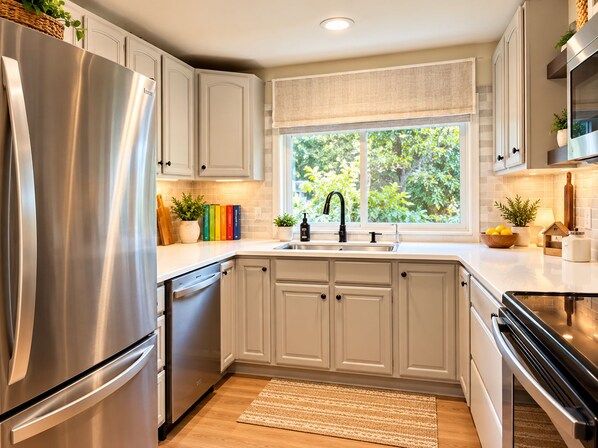 A modern kitchen with stainless steel appliances, a large window, and a view of greenery outside.