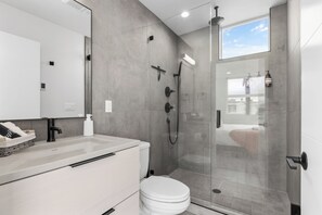 Hair dryer, towels, soap, shampoo