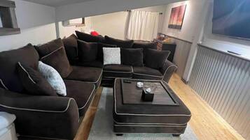 Smart TV, lareira, livros, biblioteca musical