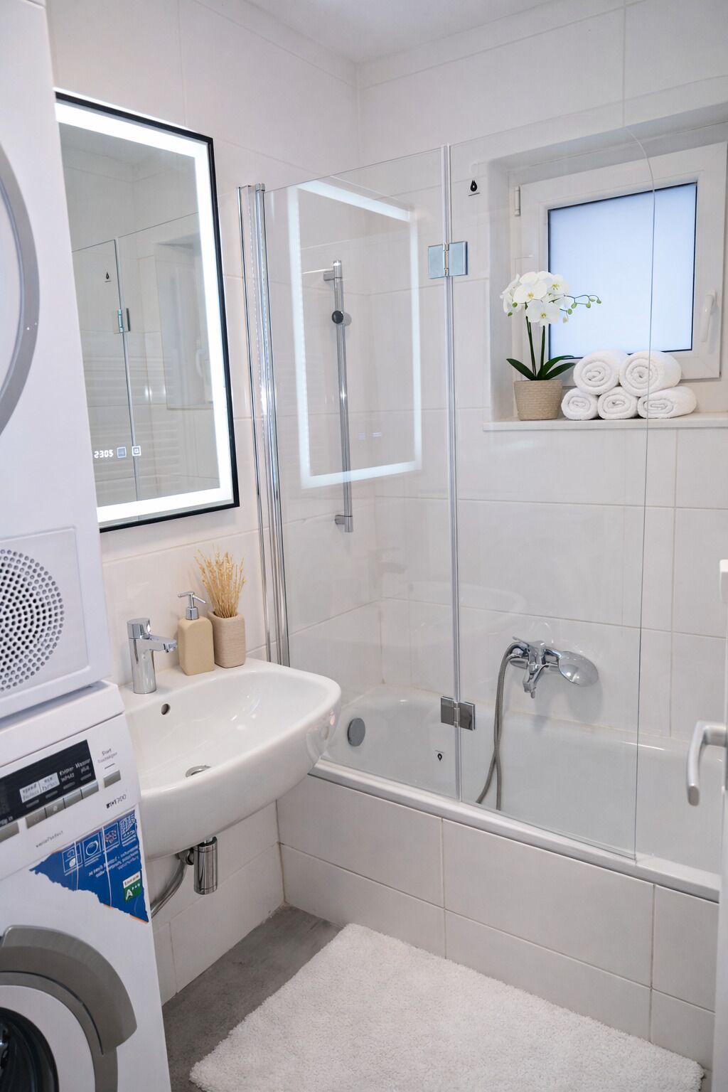 Hair dryer, towels, toilet paper