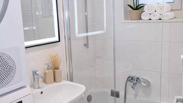 Hair dryer, towels, toilet paper