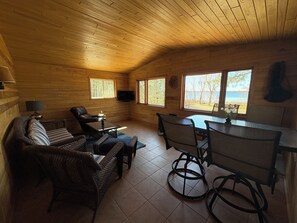 Smart TV, fireplace, books