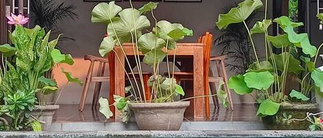 A pool area with lotus plants and a wooden table and chairs.