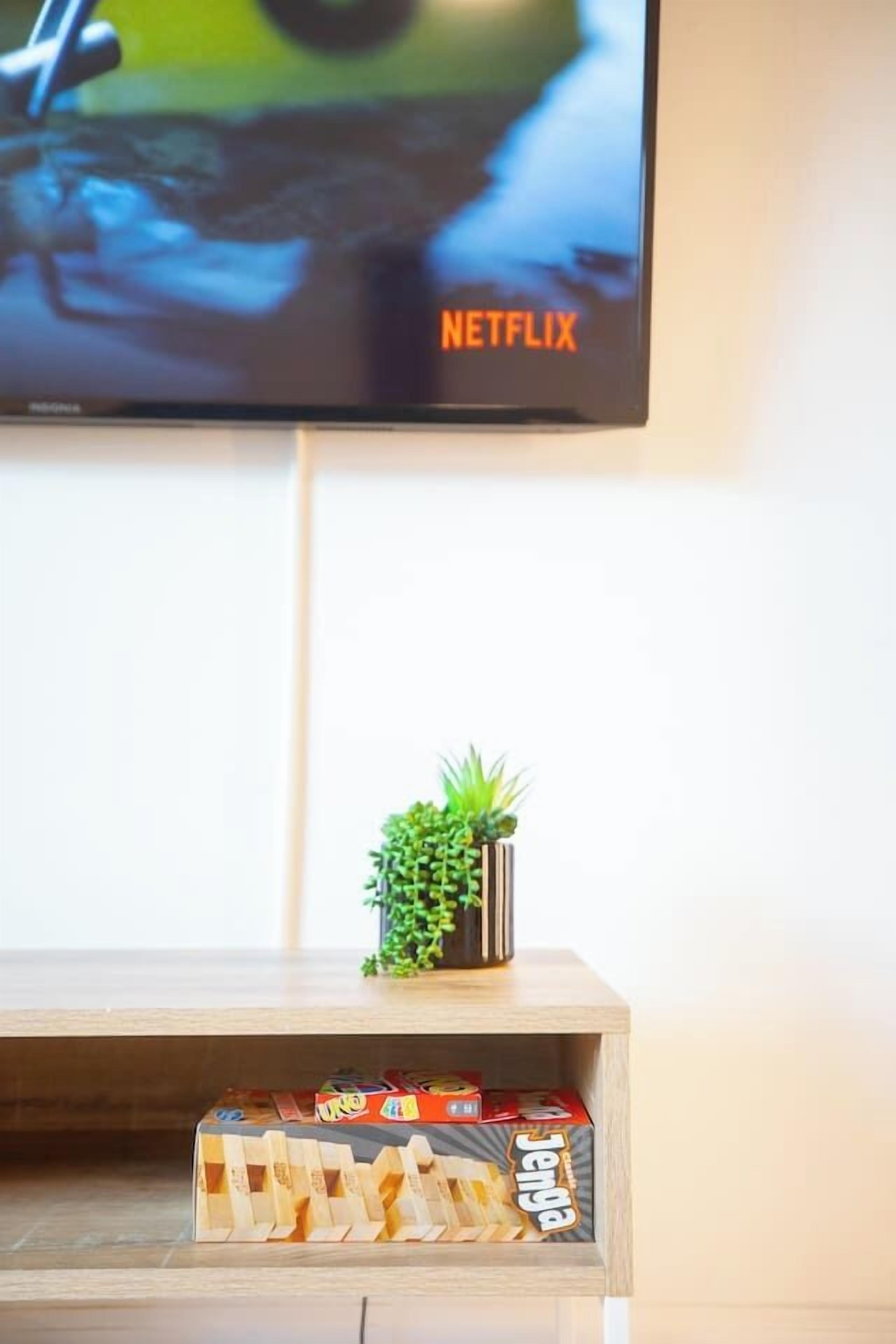 A television displaying a Netflix logo, a small potted plant on a shelf, and a wooden box with a game on a table.