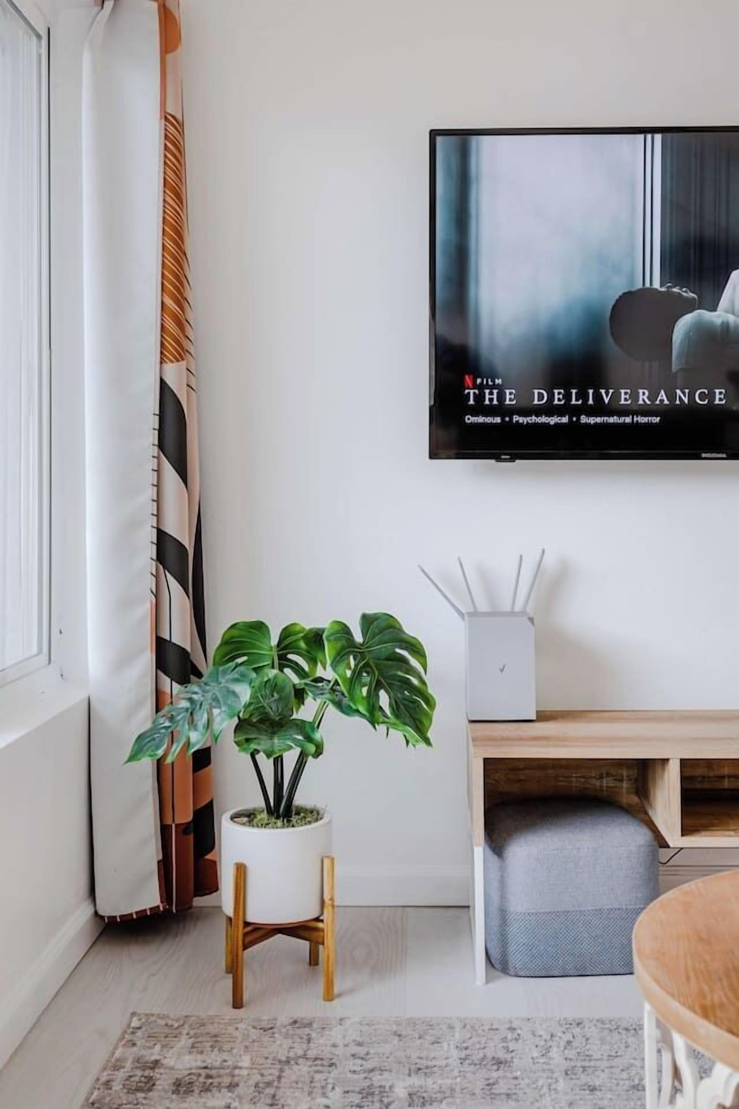 Un salon avec un téléviseur affichant une affiche de film, une plante en pot, une petite table et un canapé.