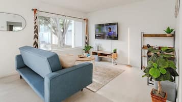 A modern living room with a sofa, a flat-screen TV, a coffee table, and a potted plant.